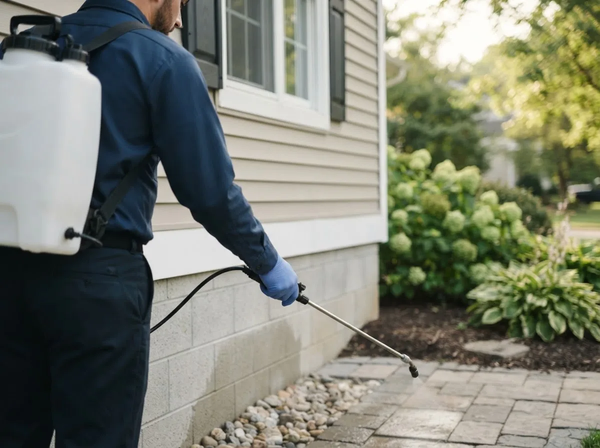 Pest control technician inspecting a home in Ceresco, MI